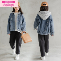 七斓女童牛仔外套洋气时髦春秋款中大童女孩上衣连帽秋冬开衫儿童加绒