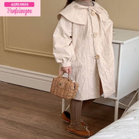 七斓韩国女童秋季长袖大翻领风衣外套2022秋装新品女宝中长款刺绣大衣