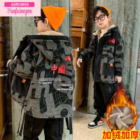 七斓儿童装男童秋冬装加绒外套牛仔连帽中大童男孩冬季加厚风衣帅气潮