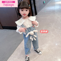 七斓女童牛仔背带裤2022新款裤子夏薄款儿童韩版春秋宝宝洋气套装秋装