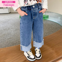 七斓女童时髦卷边阔腿牛仔裤春秋季小童韩版宽松直筒裤宝宝休闲长裤子