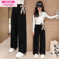 七斓女童牛仔裤春秋女孩秋款黑色休闲宽松阔腿裤大童秋装直筒儿童裤子