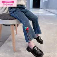 七斓女童春秋修身草莓牛仔喇叭裤2022秋季童装秋款儿童女宝宝韩版裤子