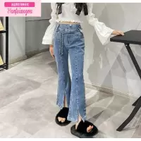 七斓女童裤子春秋外穿2022新款洋气时髦秋季开叉喇叭裤儿童修身牛仔裤