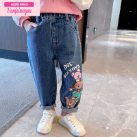 七斓女童秋季外穿牛仔裤卡通印花长裤儿童装2022新款儿童彩色熊裤子潮