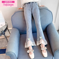 七斓儿童牛仔裤春装2022新款女童蕾丝边喇叭裤洋气时髦小女孩春季裤子