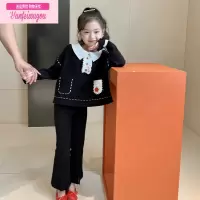 七斓原创女童童装秋季韩版黑色设计感开叉喇叭裤儿童宝宝修身百搭裤子