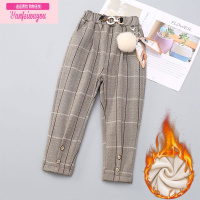 七斓女童裤子秋冬款一体绒加厚休闲毛呢格子裤女孩儿童运动裤宽松洋气