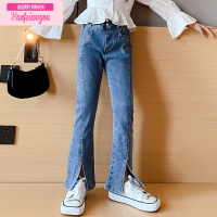七斓女童秋季开叉牛仔裤2022时髦中大儿童秋款长裤喇叭裤休闲春秋裤子