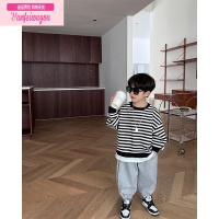 七斓童装儿童条纹卫衣帅气宝宝假两件圆领上衣百搭外穿2022秋装新款潮