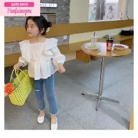 七斓儿童牛仔裤女童喇叭裤2022新款春秋9分裤洋气破洞裤子修身微喇裤