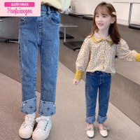 七斓女童裤子春秋款长裤2022新款小女孩洋气时髦翻边烟管裤儿童牛仔裤