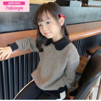 七斓女童卫衣秋冬款2022儿童娃娃领翻领polo领针织加厚条纹亲子款上衣