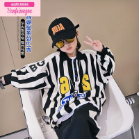 七斓男童卫衣春秋季新款黑白竖条纹儿童潮酷百搭翻领宽松套头男孩童装