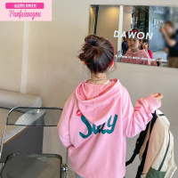 七斓女童连帽卫衣2022春秋新款中大童宽松洋气印花儿童薄款套头上衣潮