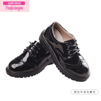 七斓男童皮鞋圆头魔术贴漆光皮布洛克雕花黑色透气防滑儿童皮鞋