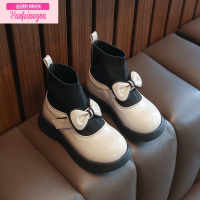 七斓女童鞋小皮鞋2022春秋新款儿童软底黑色短靴女孩蝴蝶结公主袜子靴