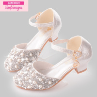 七斓儿童公主皮鞋2020时尚新款女童珍珠亮片水晶鞋女孩舞台走秀高跟鞋