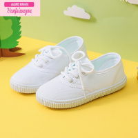 七斓儿童鞋小白鞋男童学生帆布鞋平底低帮绑带幼儿园室内女童白色球鞋