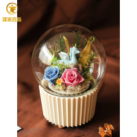 永生花独角兽八音盒摆件玻璃罩玫瑰水晶球旋转音乐520情人节