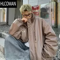 HLCOMAN美式高街机车皮质棉衣男冬装外套加肥加大码潮牌胖人宽松痞帅棉服