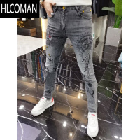 HLCOMAN2022新款欧洲站男牛仔裤加绒加厚潮牌烫钻印花修身小脚长裤