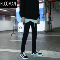 HLCOMAN高街牛仔裤男士冬季加绒裤子男款黑色潮牌美式复古修身小脚男裤