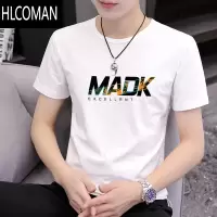 HLCOMAN男士短袖圆领2024新款夏季休闲字母印花白色上衣潮牌T恤修身半袖