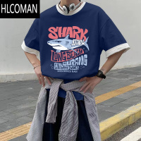 HLCOMAN夏季藏青色拼接短袖t恤男2024美式潮流百搭撞色设计感打底衫
