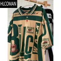 HLCOMAN高街潮牌t恤男机车风速干短袖宽松oversize赛车服条纹拼接polo衫