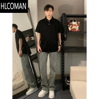 HLCOMAN英伦雅痞风polo衫短袖男高级感痞帅正肩t恤夏季青少年黑色半截袖