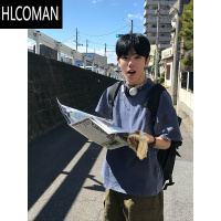 HLCOMAN280克藏青色短袖男款夏季日系复古内搭半袖t恤潮牌半截袖