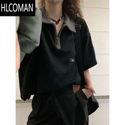 HLCOMAN半拉链衫短袖男夏季衬衫美式衣服高街t恤冰球服