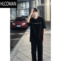 HLCOMAN潮牌字母短袖t恤男oversize欧美简约上衣夏设计感小领口