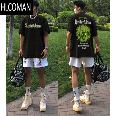 HLCOMAN特大码300斤潮牌T恤男夏季美式嘻哈乐队印花宽松短袖上衣