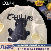 HLCOMAN美式猫咪印花短袖T恤男夏季半袖衣服宽松青少年高街体恤