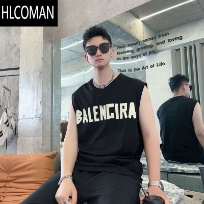 HLCOMAN夏季砍袖男士韩版流行新款字母印花宽松运动背心青年圆领无袖T恤