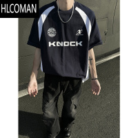 HLCOMAN美式短袖t恤男夏季新款机车服撞色拼接字母印花设计感宽松半截袖