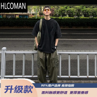 HLCOMAN美式320g男t恤水洗做旧烟灰色短袖日系小领口oversize七分袖