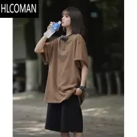 HLCOMAN深咖色日系风男装t恤高克重廓形三本针短袖男夏季落肩七分袖