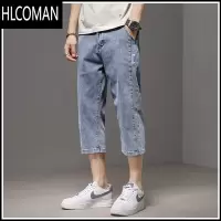 HLCOMAN七分牛仔短裤男士夏季薄款宽松直筒外穿马裤夏天潮流7分中裤水洗