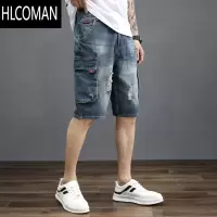HLCOMAN牛仔短裤男工装五分裤宽松潮流百搭日系复古韩版夏季男士中裤薄款