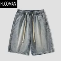 HLCOMAN夏季复古牛仔短裤男薄款松紧腰直筒裤休闲中裤男生潮牌宽松五分裤