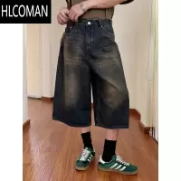 HLCOMAN夏季小众百搭美式复古做旧蓝牛仔短裤男宽松直筒阔腿七分裤垂坠感