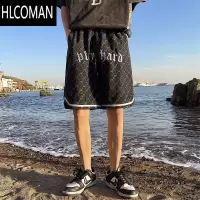 HLCOMAN牛仔短裤男夏季潮牌ins宽松直筒高街小众字母五分裤港风休闲裤子