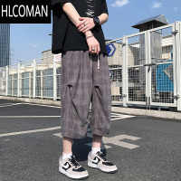 HLCOMAN美式复古格子7七分裤男夏季加肥加大码潮胖子宽松短裤休闲阔腿裤