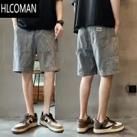 HLCOMAN美式高街五分牛仔裤男复古条纹七分中裤宽松2024夏季工装休闲短裤