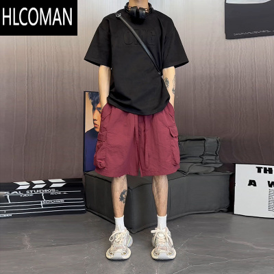 HLCOMAN酒红色冰丝速干工装短裤男款夏季美式机能冲锋裤子大口袋五分马裤