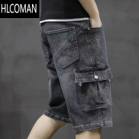 HLCOMAN2024夏季薄新款大码七分多兜工装弹力宽松水洗多袋牛仔短裤男休闲