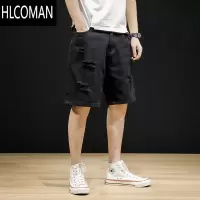 HLCOMAN夏季破洞五分裤乞丐宽松直筒大码胖子阔腿潮流薄款ins牛仔短裤男